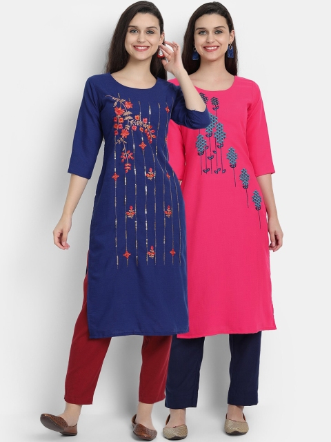 7Threads Women Navy Blue & Coral Embroidered Pack of 2 Straight Kurta