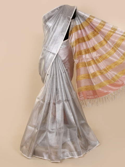 Pothys Silver-Toned Solid Linen Blend Saree