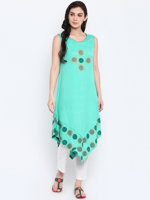 9rasa Women Sea Green Ethnic Motifs Printed Kurta