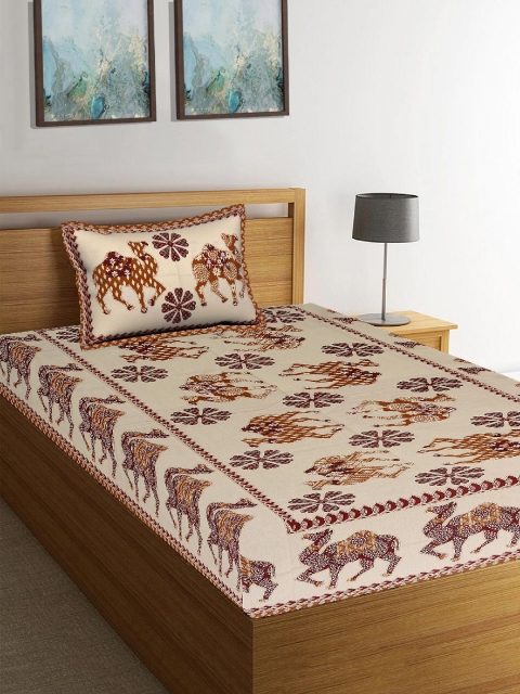 Tistabene Beige & Brown Ethnic Motifs 180 TC Cotton 1 Single Bedsheet & 1 Pillow Cover