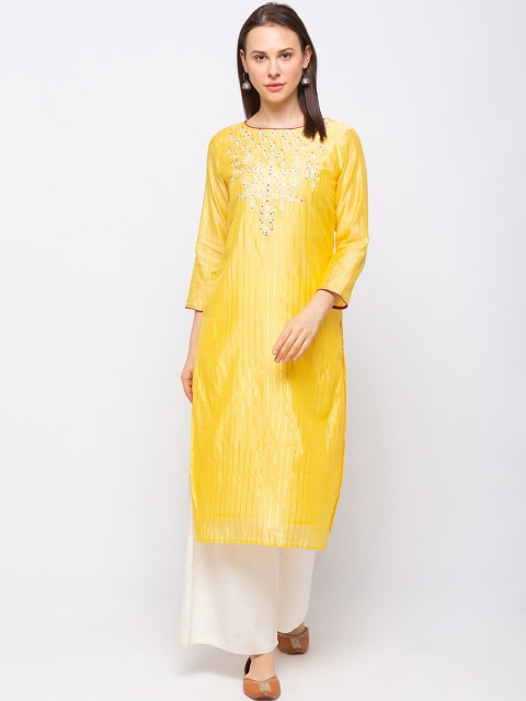 Ethnicity women yellow yoke design chanderi silk kurta