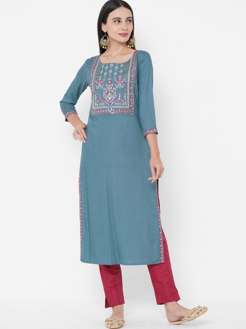 Fashor Women Blue & Off White Floral Yoke Design Thread Work Kurta