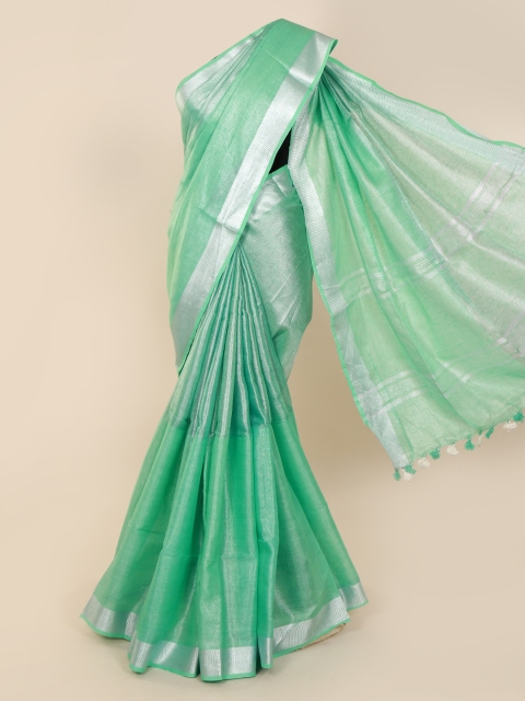 Pothys Green & Silver-Toned Linen Blend Solid Saree With Tasseled Pallu