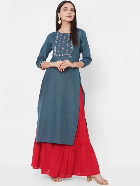 Fashor Women Blue Yoke Design Thread Work Kurta
