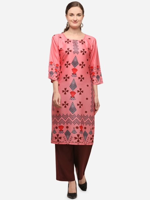 Venisa Women Pink Ethnic Motifs Printed Crepe Straight Kurta