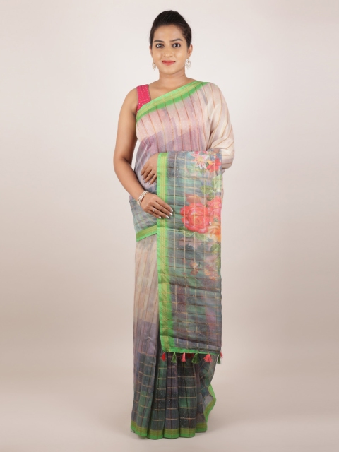 Pothys Grey Printed Jute Silk Saree