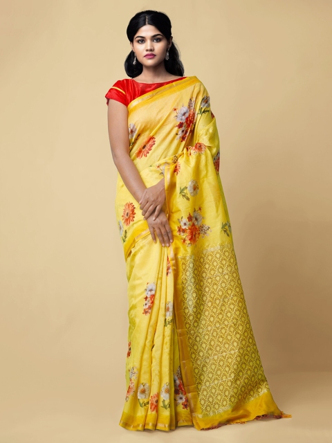 Unnati Silks Women Yellow Pure Floral Chanderi Sico Sustainable Saree