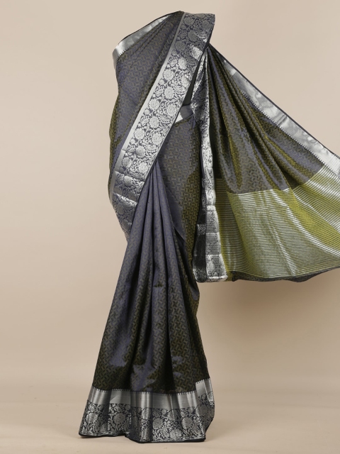 Pothys Navy Blue & Green Jute Silk Printed Saree