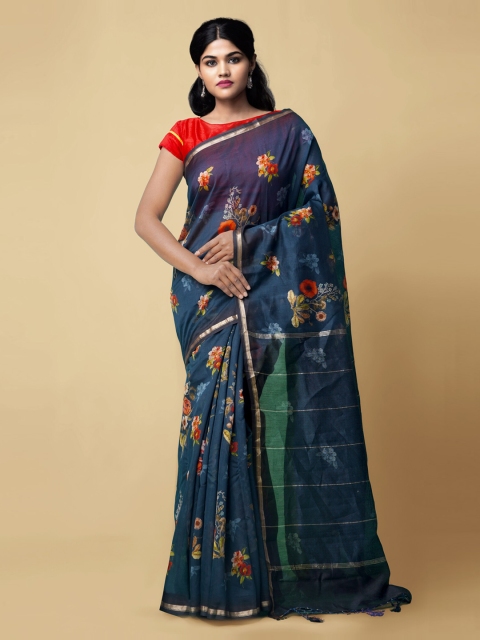 Unnati Silks Blue Silk Cotton Printed Chanderi Saree