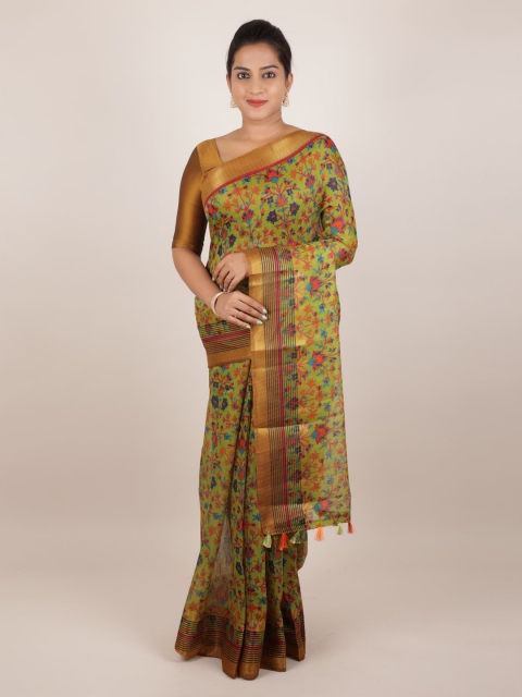 Pothys Green & Red Jute Silk Printed Saree