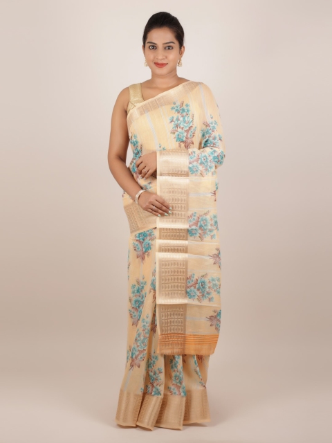 Pothys Peach-Coloured Printed Jute Silk Saree