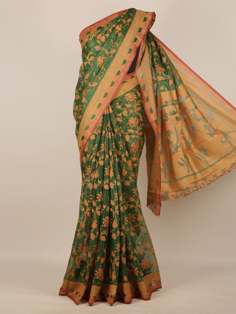 Pothys Green Printed Jute Silk Saree