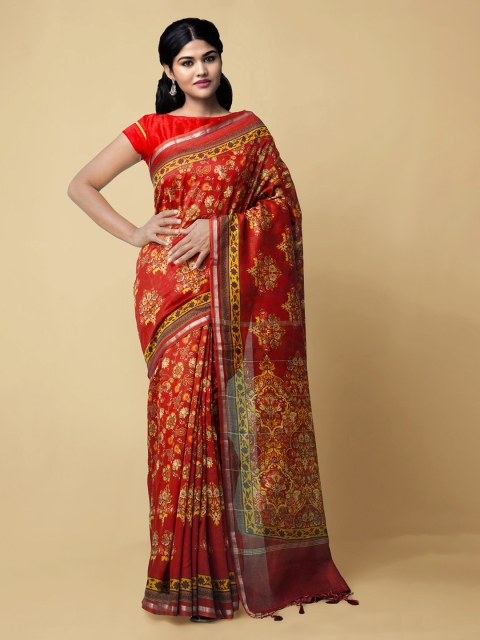 Unnati Silks Red Silk Cotton Printed Chanderi Saree With Tasseled Pallu