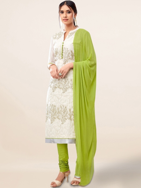 Pothys Cream-Coloured & Lime Green Cotton Blend Unstitched Dress Material
