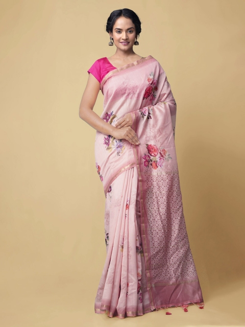Unnati Silks Pink Silk Cotton Floral Printed Chanderi Saree