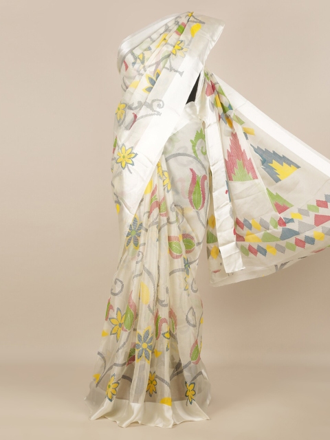 Pothys White & Yellow Poly Chiffon Printed Saree
