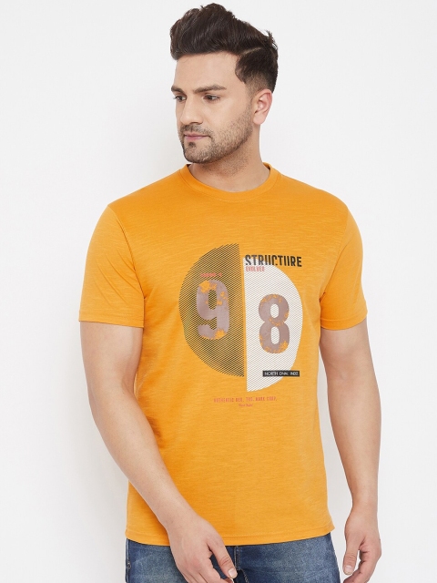 98 Degree North Men Mustard Yellow & White Printed Round Neck T-shirt