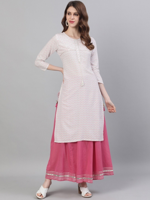 Ishin Women White & Pink Printed Kurta with Sharara