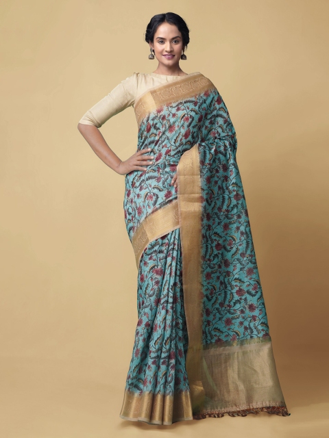 Unnati Silks Blue Silk Cotton Kalamkari Printed Chanderi Saree
