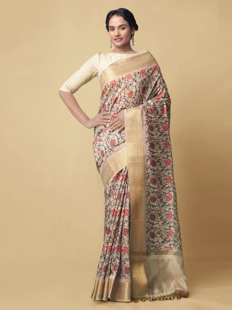 Unnati Silks Cream-Coloured Silk Cotton Kalamkari Printed Chanderi Saree
