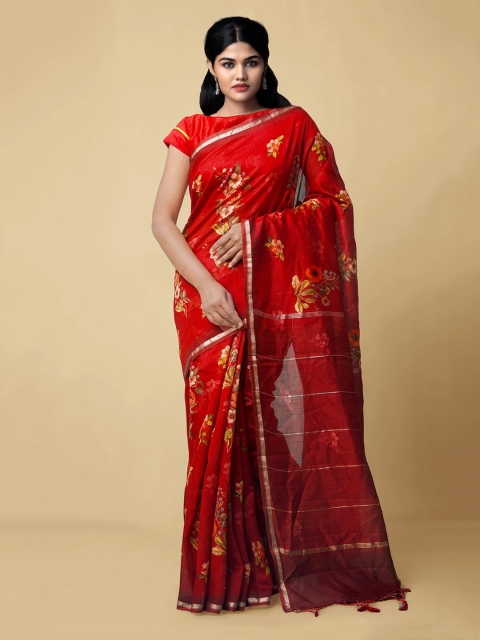 Unnati Silks Red Silk Cotton Printed Handloom Chanderi Saree
