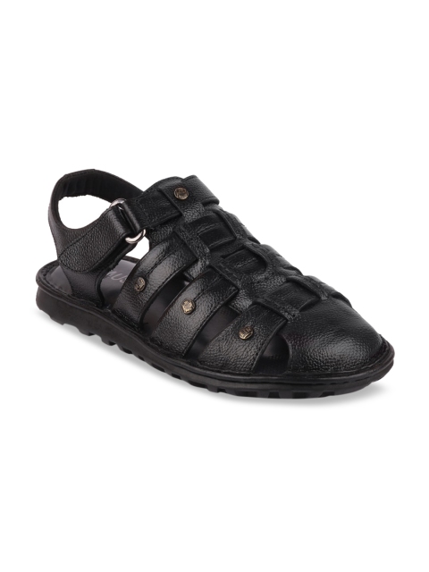 FAUSTO Men Black Solid Leather Fisherman Sandals