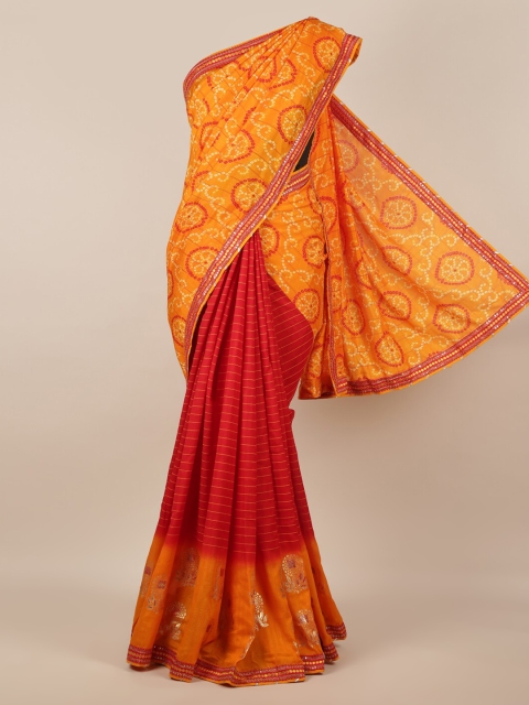 Pothys Mustard & Red Poly Chiffon Printed Saree