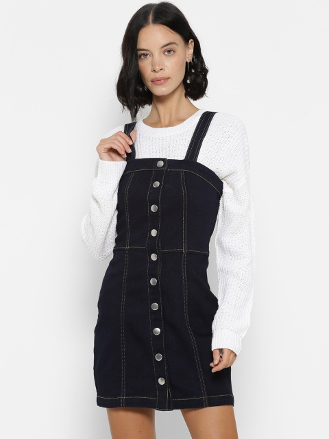 FOREVER 21 Women Navy Blue Solid Denim Pinafore Dress