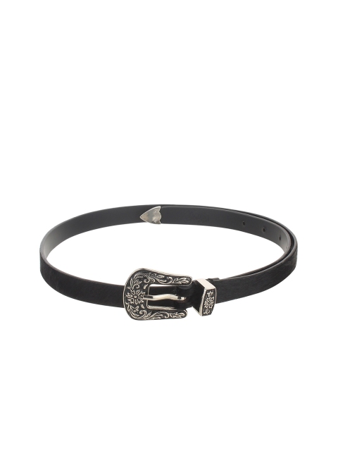 Calligraphy Women Black & Silver-Toned Solid Leather Belt