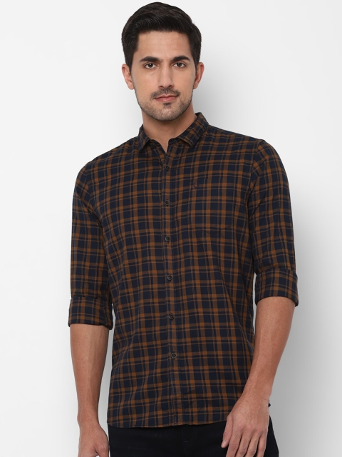 Solly Jeans Co. Men Navy Blue & Orange Regular Fit Checked Casual Cotton Shirt