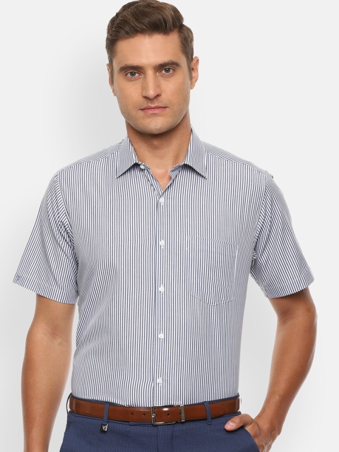 Van Heusen Men White & Blue Regular Fit Striped Formal Cotton Shirt