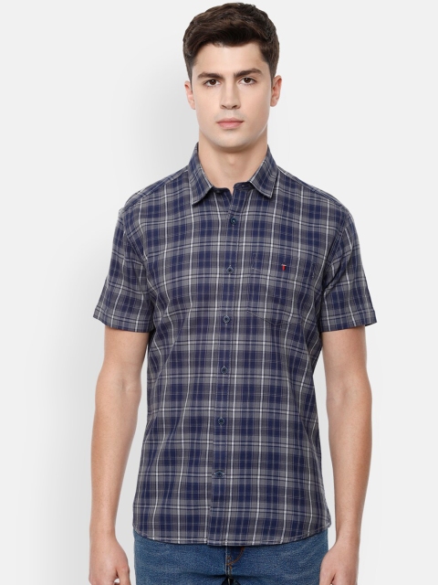 Louis Philippe Sport Men Navy Blue & Grey Slim Fit Checked Casual Cotton Shirt