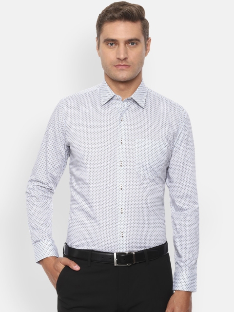 Van Heusen Men White & Blue Slim Fit Printed Formal Cotton Shirt