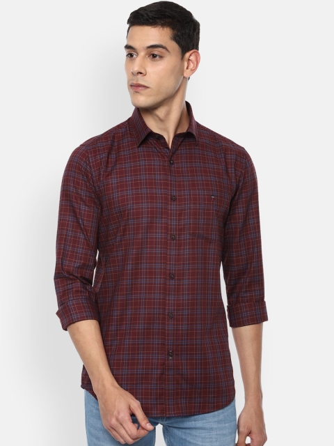 Louis Philippe Sport Men Maroon & Navy Blue Slim Fit Checked Casual Cotton Shirt