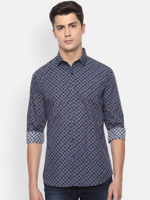 V Dot Men Navy Blue Slim Fit Printed Casual Shirt