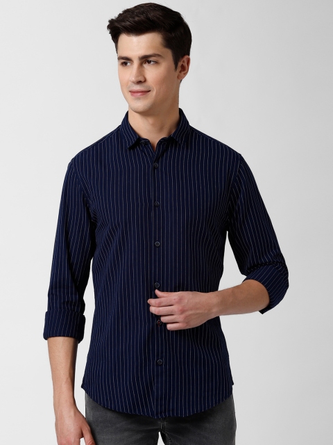 Peter England Casuals Men Navy Blue & White Slim Fit Striped Cotton Casual Shirt