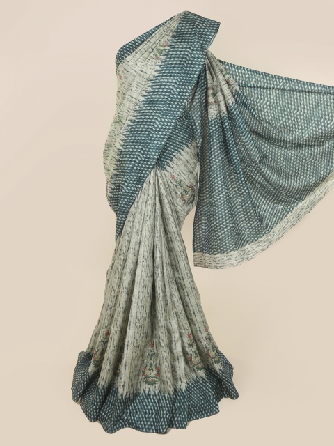 Pothys Green & Off-White Cotton Blend Printed Chanderi Saree