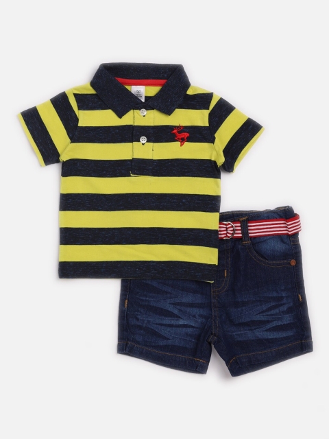 TOFFY HOUSE Boys Yellow & Navy Blue Striped T-shirt with Shorts