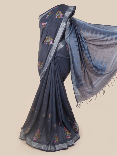 Pothys Grey & Silver-Toned Jute Cotton Embroidered Saree