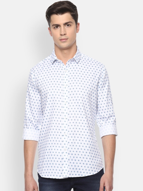 V Dot Men White & Blue Slim Fit Printed Cotton Casual Shirt