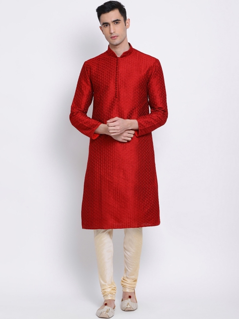 Sanwara Men Red Woven Design Straight Kurta