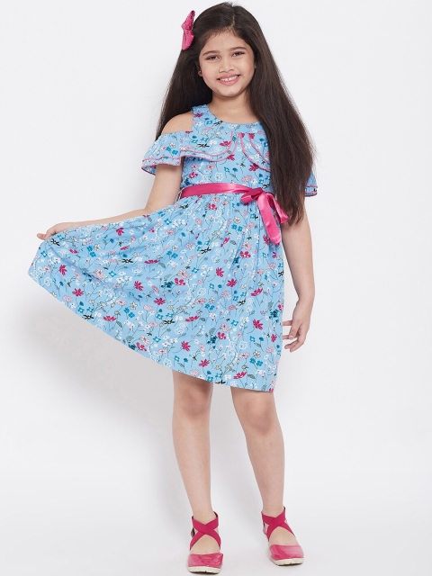Stylo Bug Girls Blue Floral Printed Fit and Flare Dress