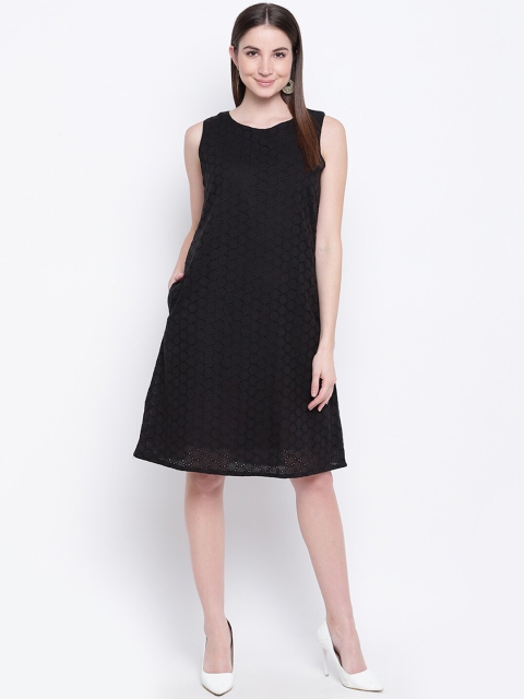 Mayra Women Black Self Design A-Line Dress