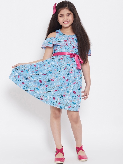 Stylo Bug Girls Blue Floral Printed Fit and Flare Dress