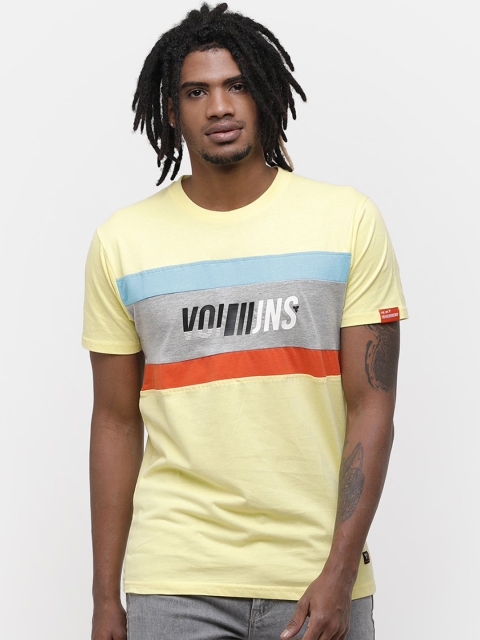 Voi Jeans Men Yellow & Grey Striped Round Neck Pure Cotton T-shirt