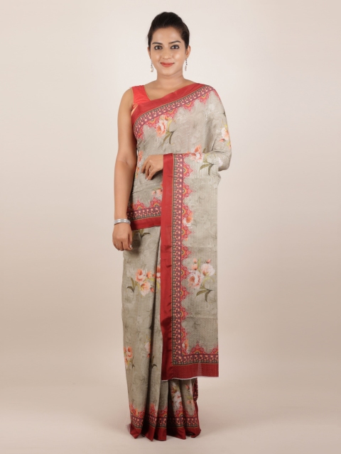 Pothys Grey Pure Silk Printed Tussar Saree