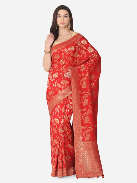 BOMBAY SELECTIONS Red & Gold-Toned Silk Blend Woven Design Banarasi Saree