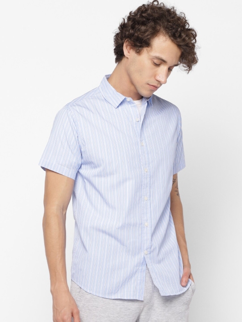 FOREVER 21 Men Blue & White Regular Fit Striped Cotton Casual Shirt