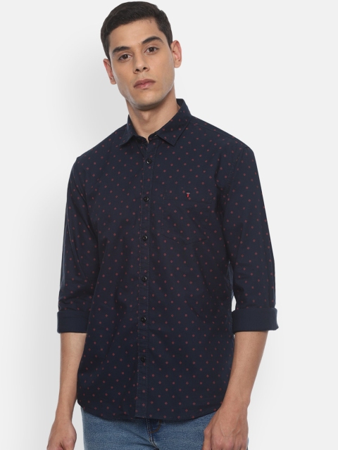 Louis Philippe Jeans Men Navy Blue & Red Slim Fit Printed Casual Cotton Shirt