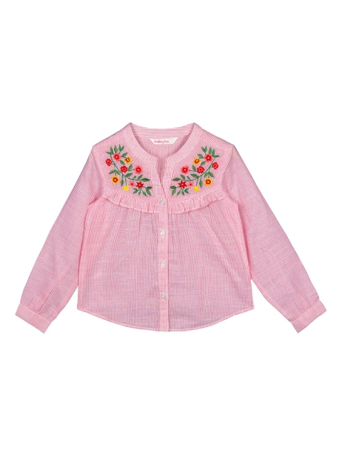 Budding Bees Pink & White Striped Mandarin Collar Pure Cotton Shirt Style Top